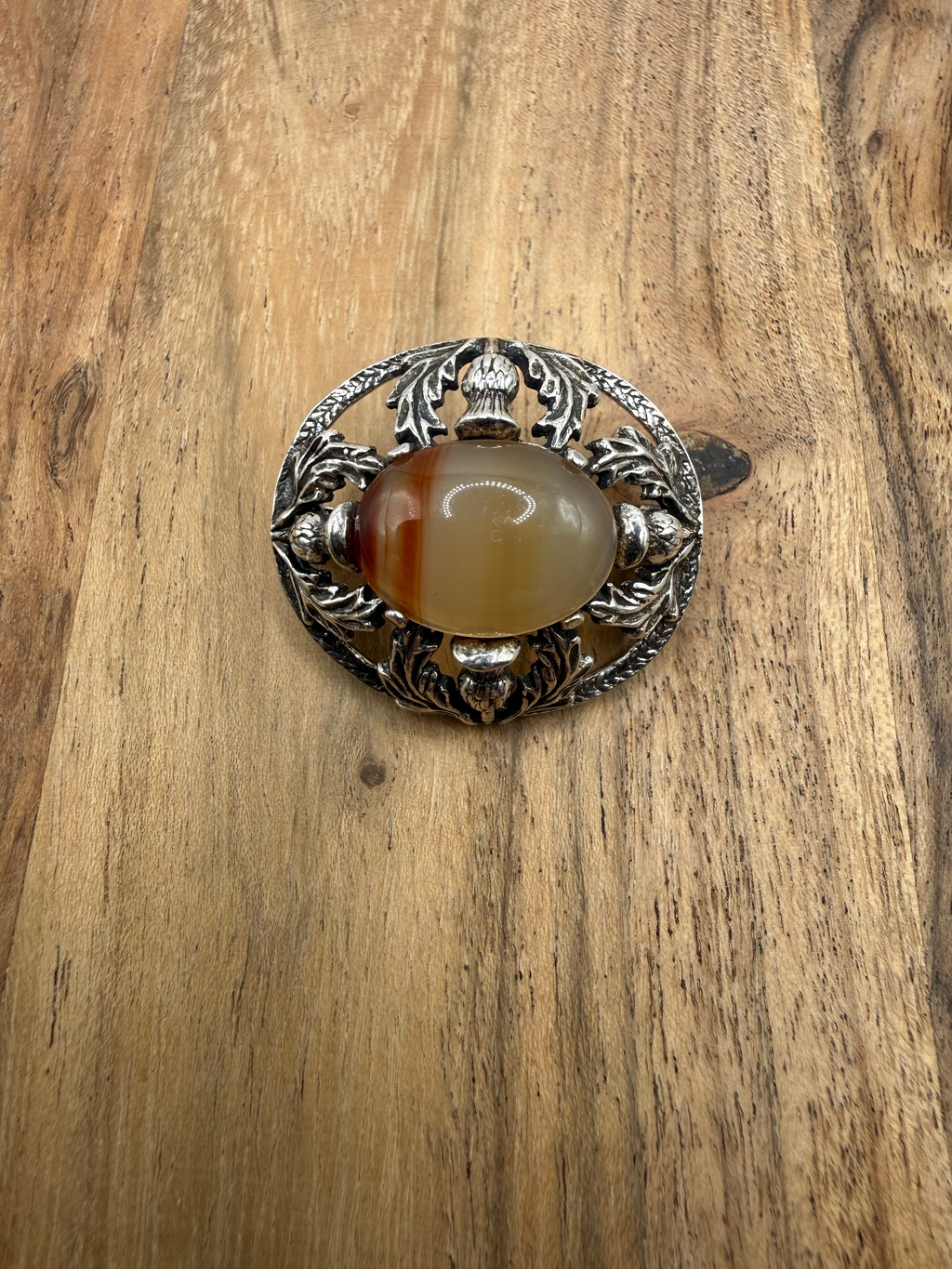 Vintage 1974 Scottish Sterling Silver Thistle and Carnelian Agate Brooch