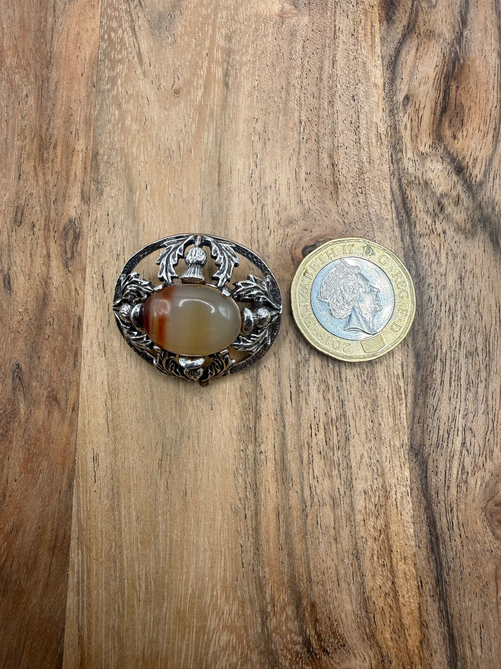 Vintage 1974 Scottish Sterling Silver Thistle and Carnelian Agate Brooch