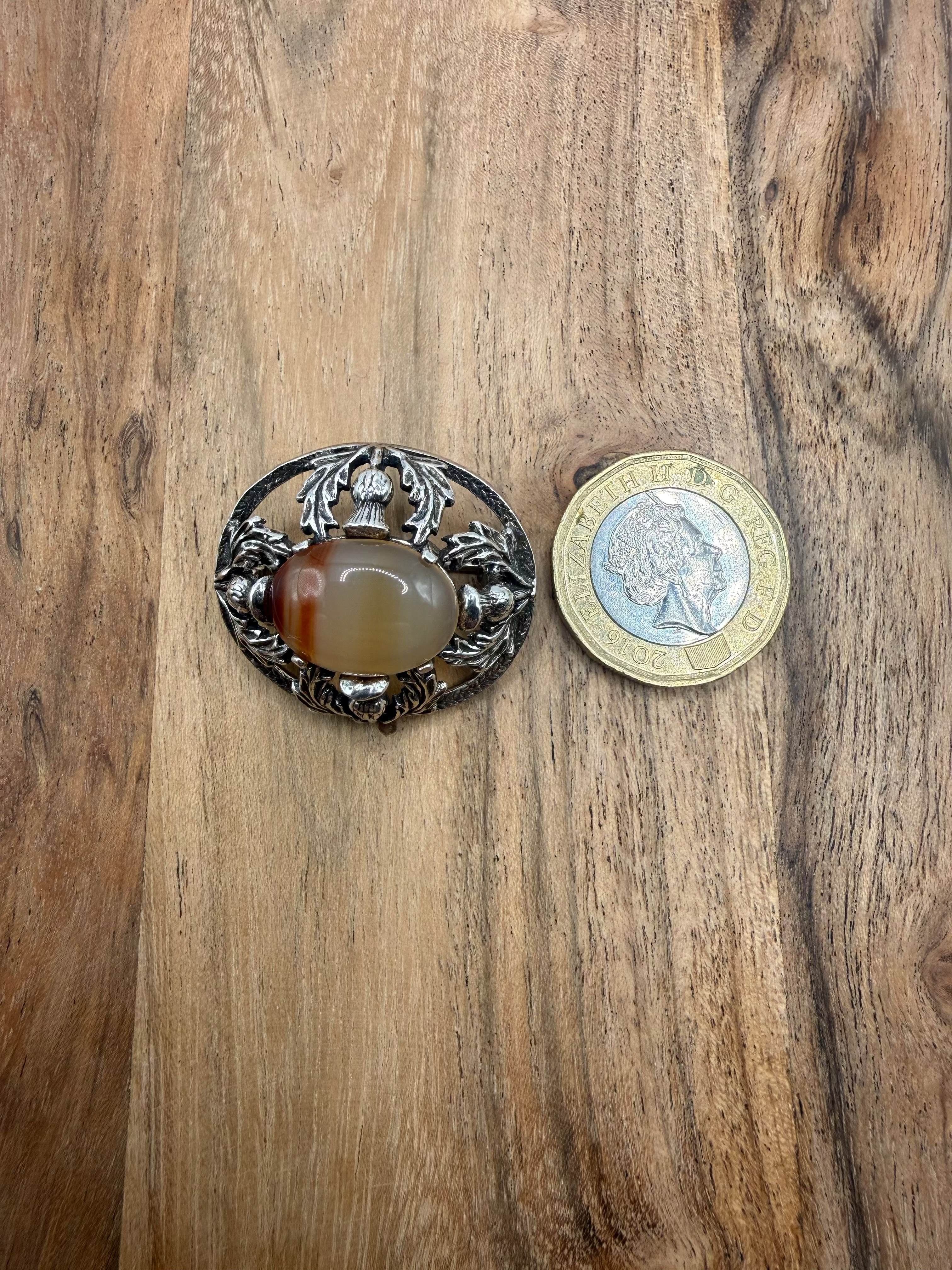 Vintage 1974 Scottish Sterling Silver Thistle and Carnelian Agate Brooch
