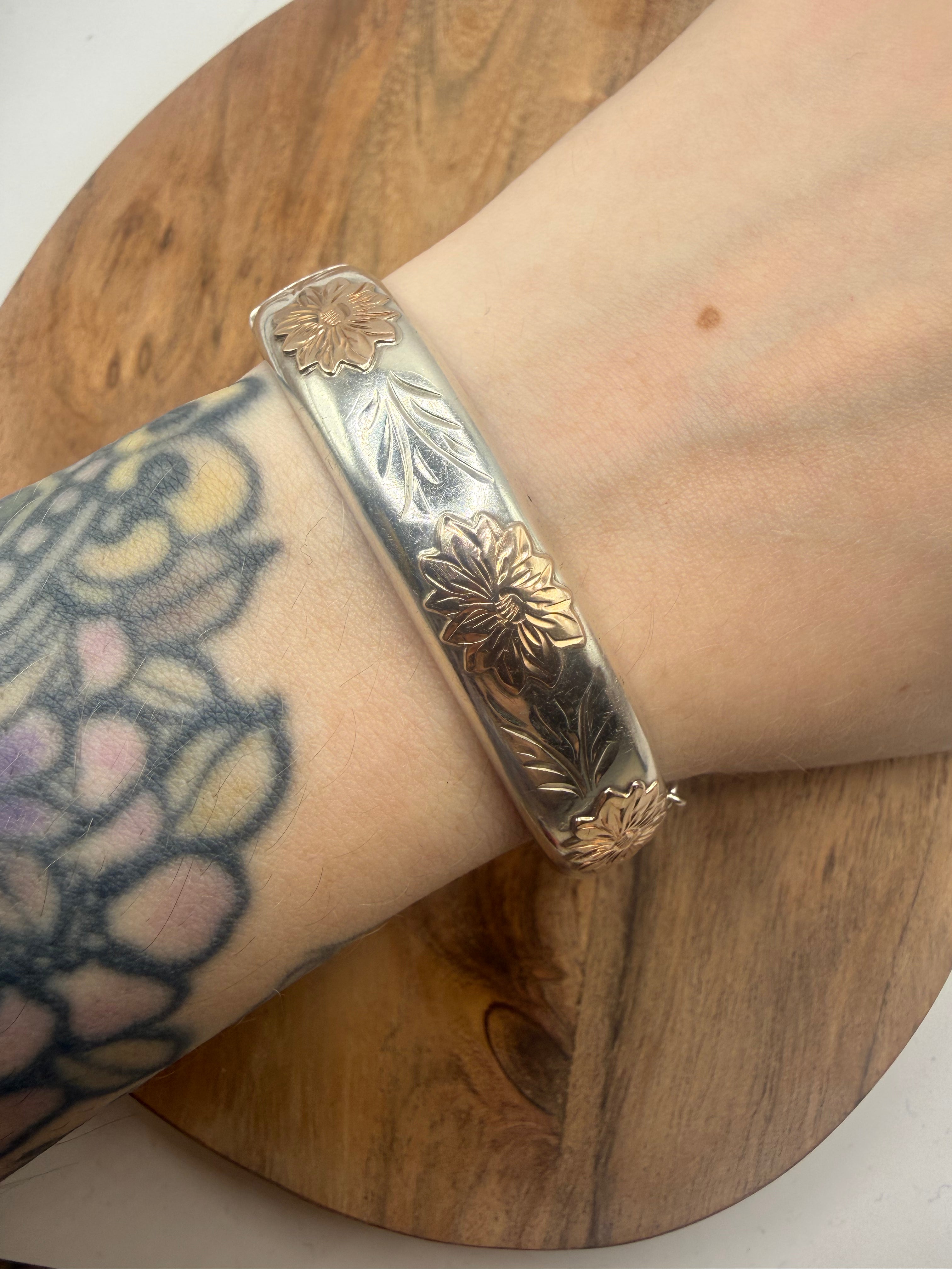 Sterling Silver 9ct Rose Gold Floral Bangle
