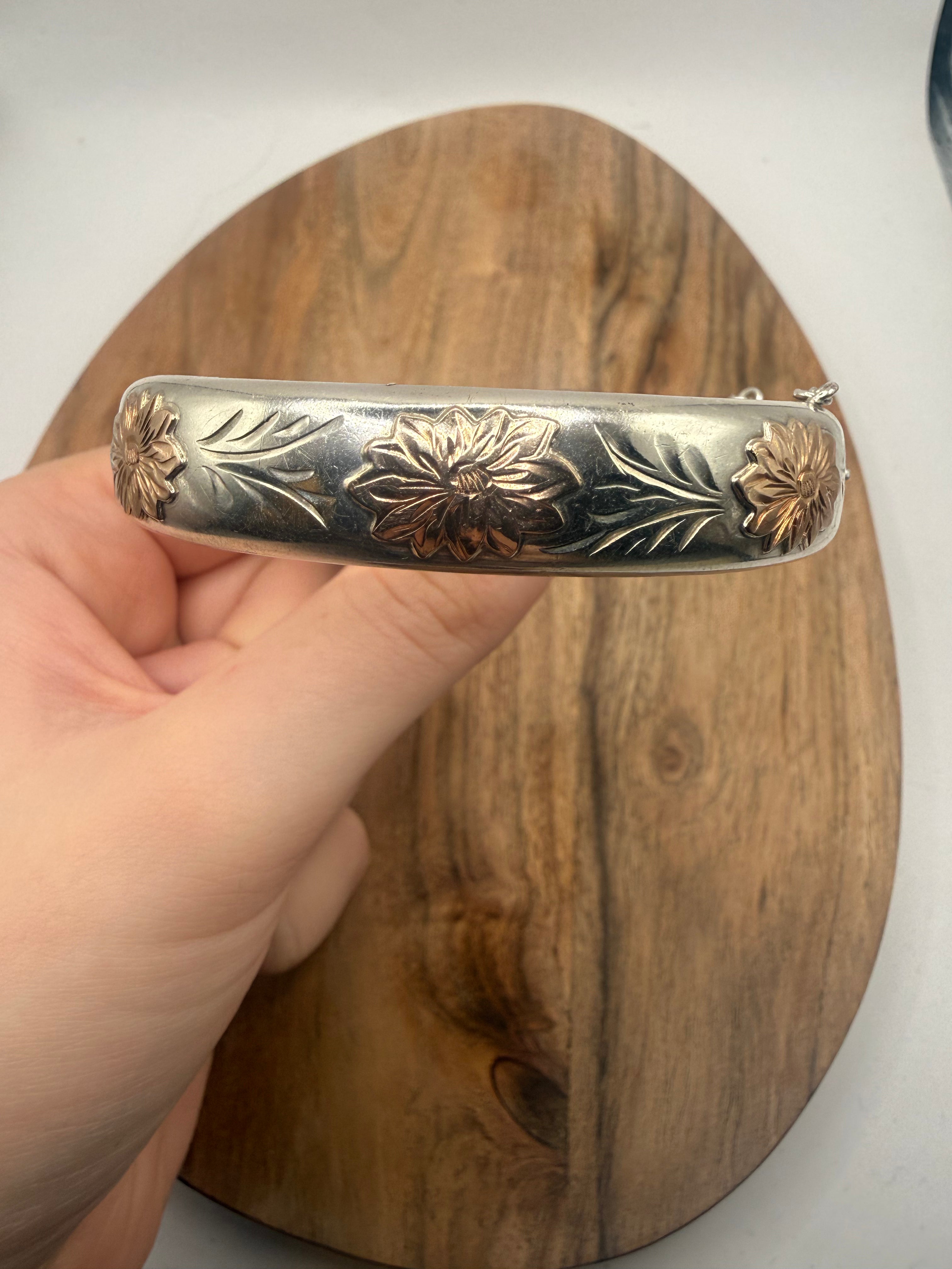 Sterling Silver 9ct Rose Gold Floral Bangle