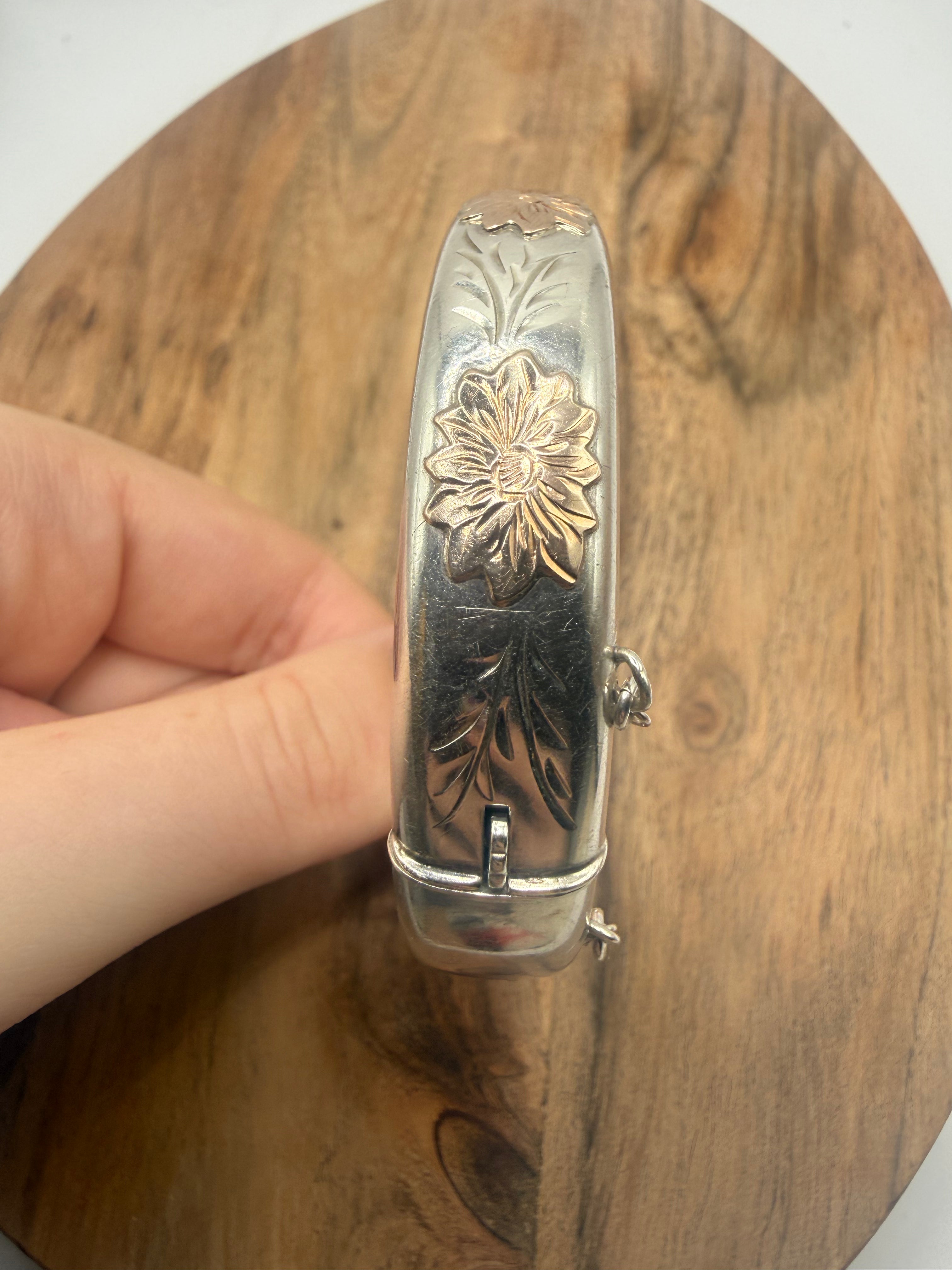 Sterling Silver 9ct Rose Gold Floral Bangle