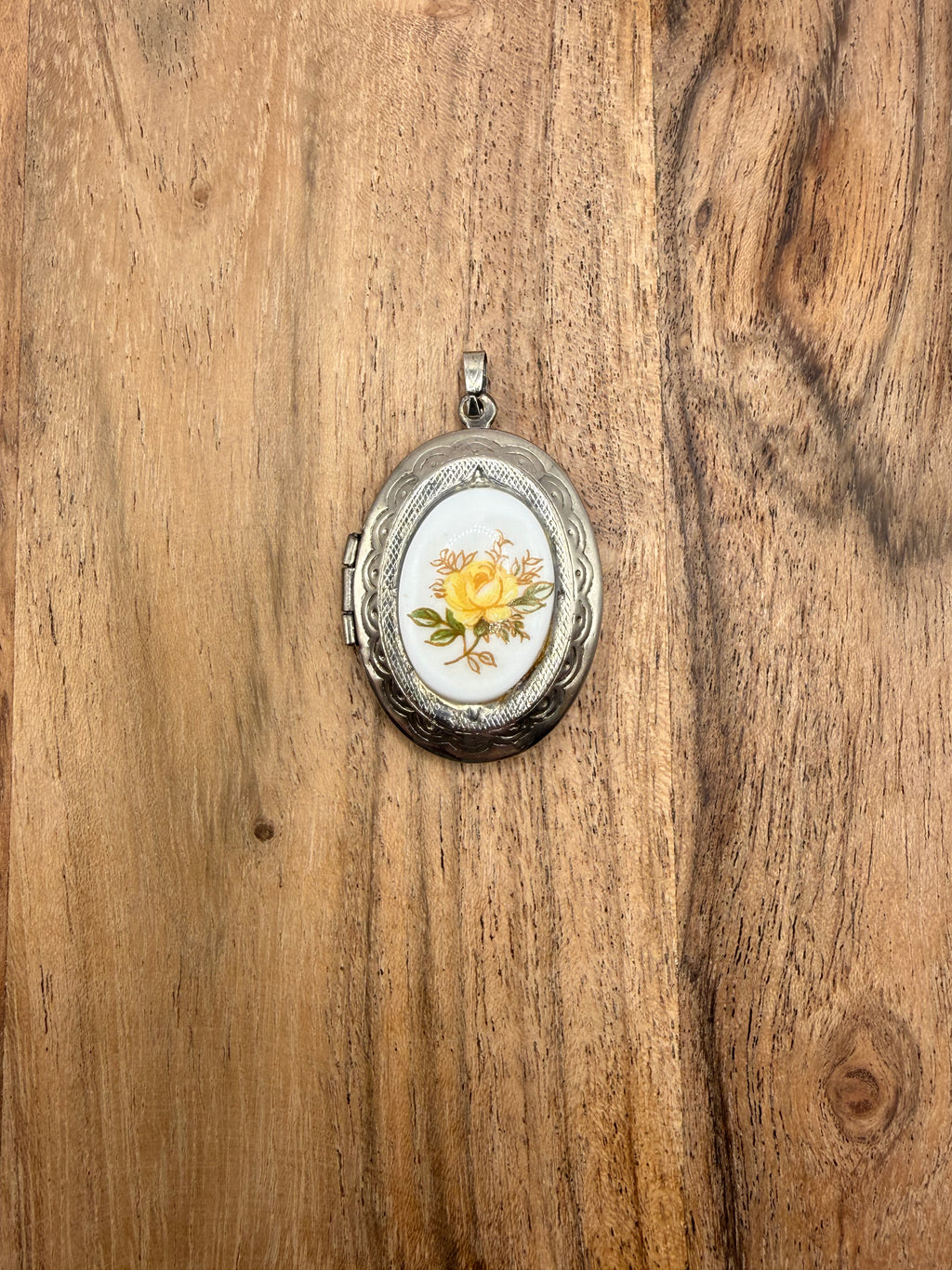 Silver Tone Locket with Rose Cabachon
