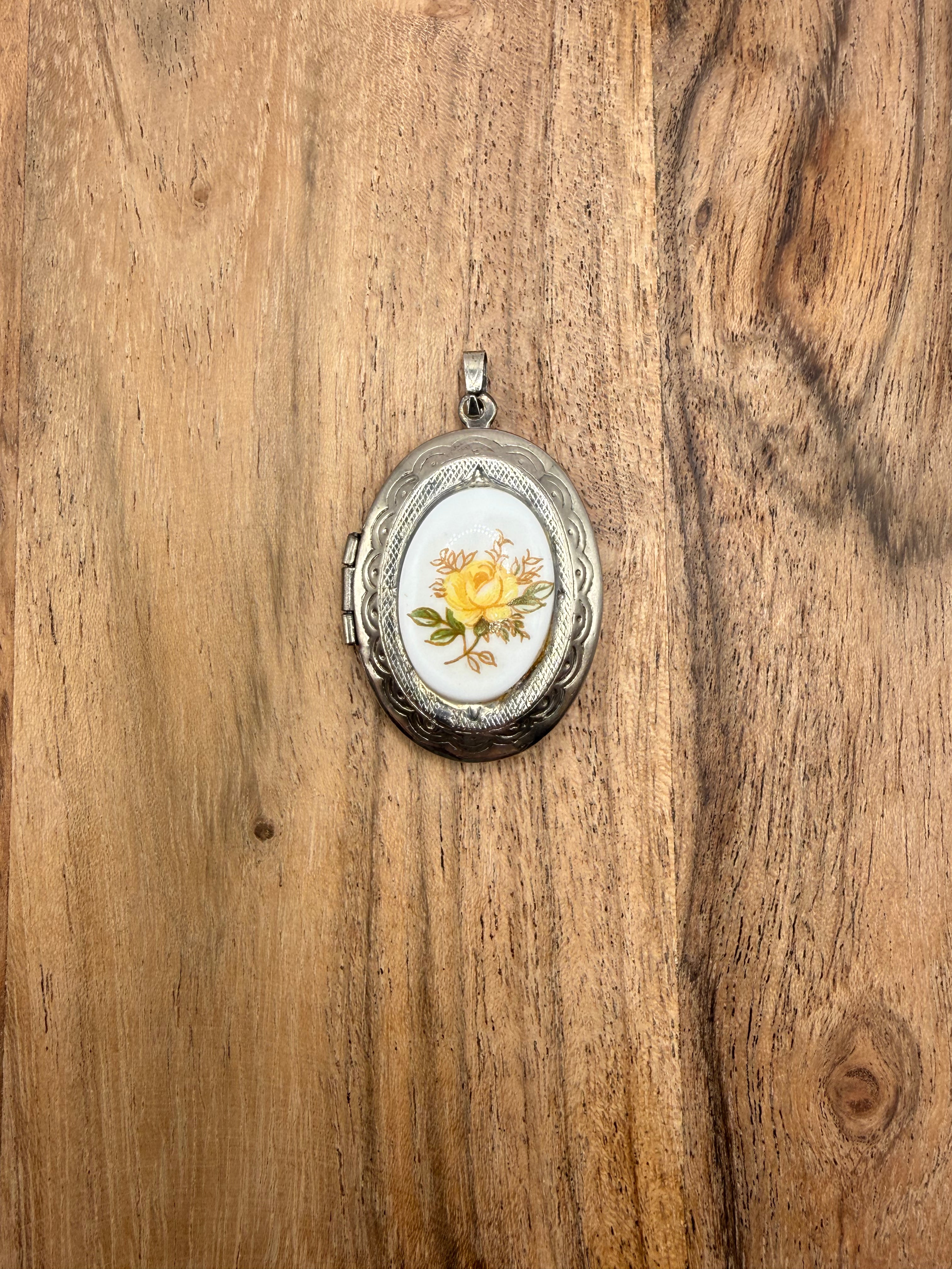 Silver Tone Locket with Rose Cabachon