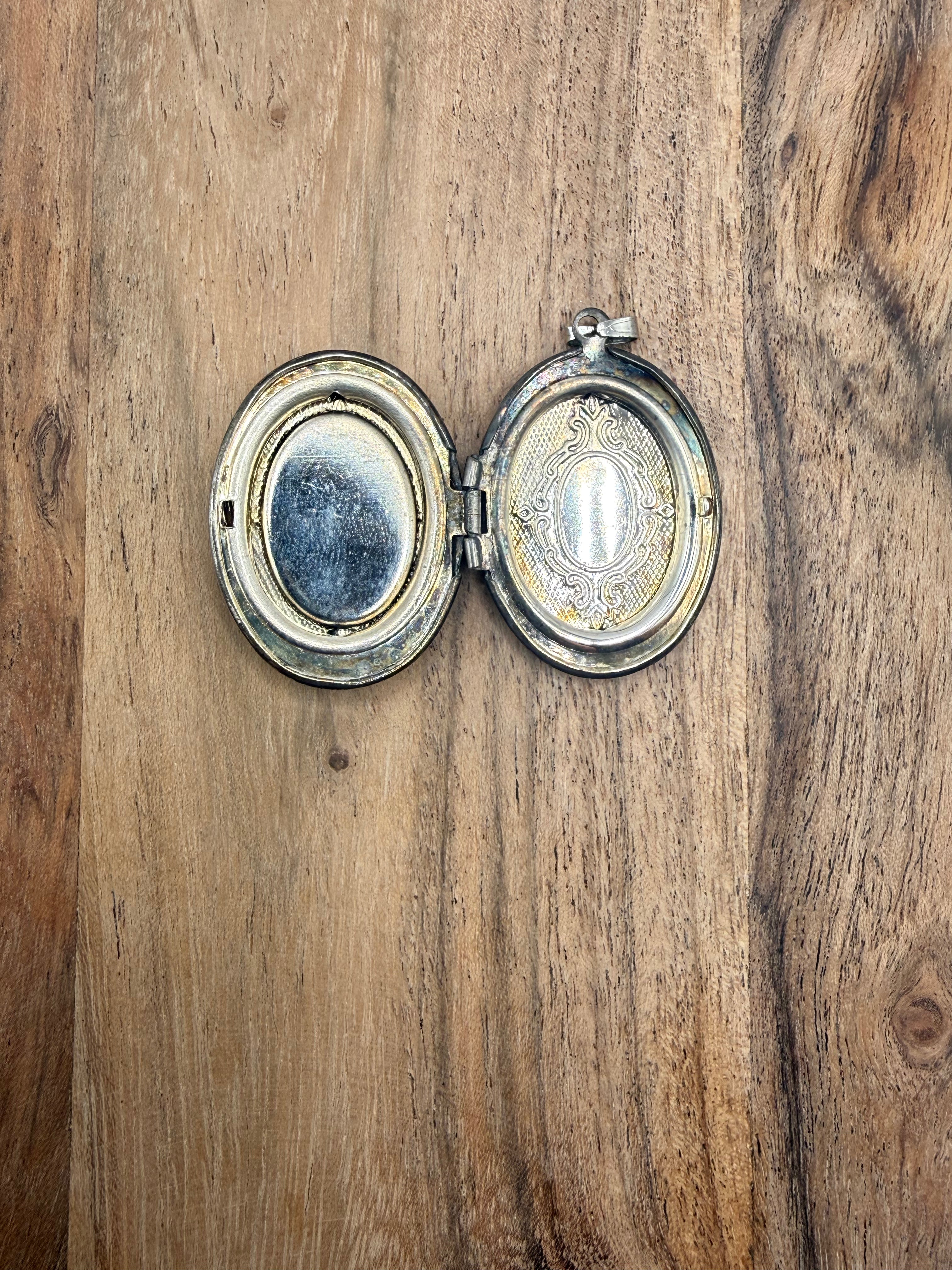 Silver Tone Locket with Rose Cabachon