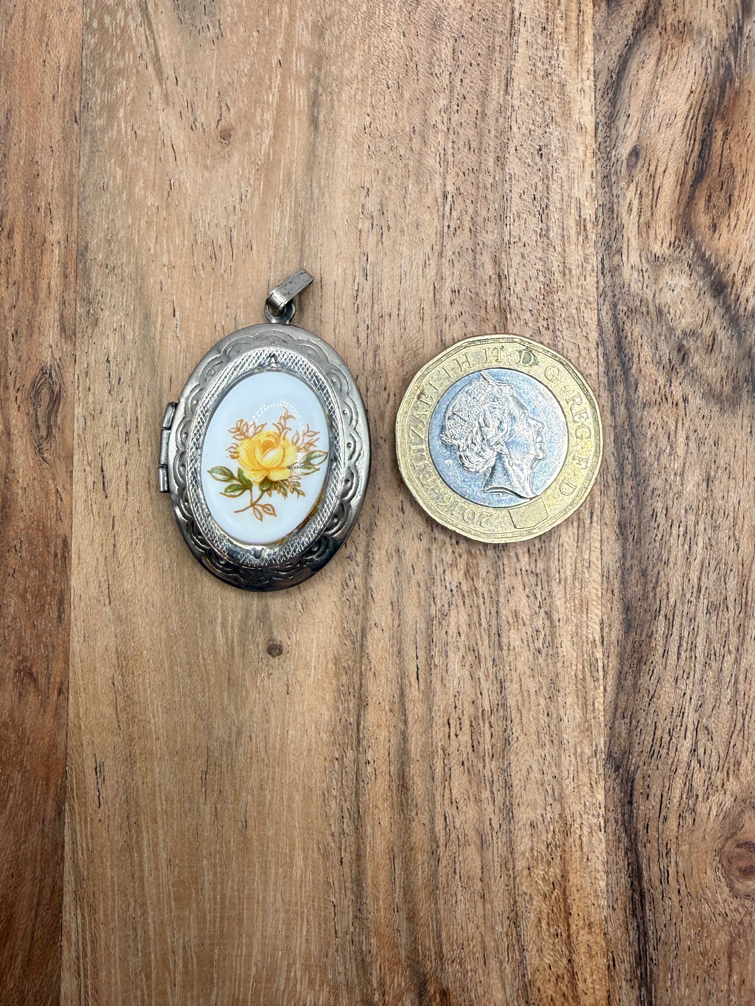 Silver Tone Locket with Rose Cabachon