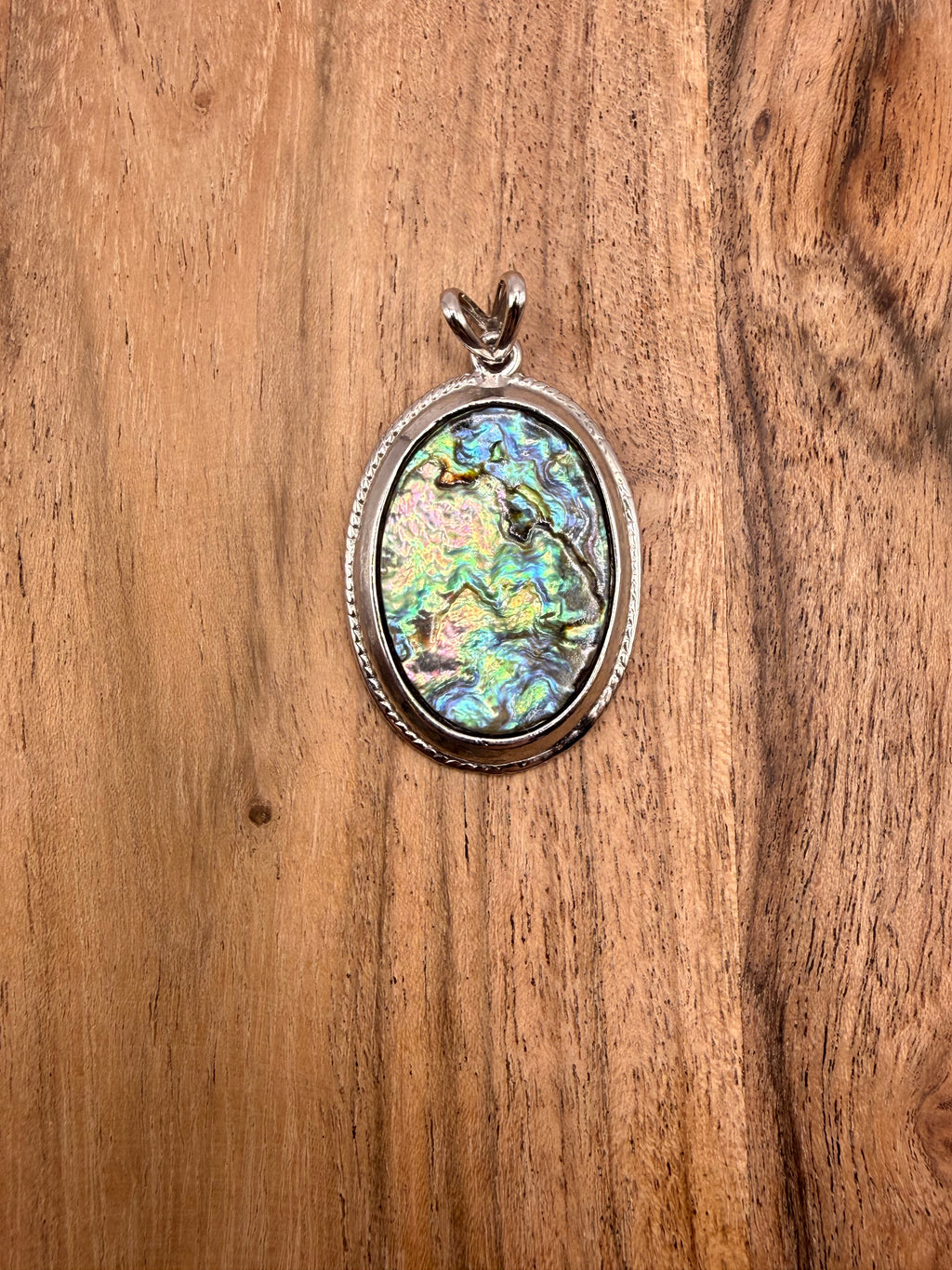 Oval Silver Tone Abalone Shell Pendant