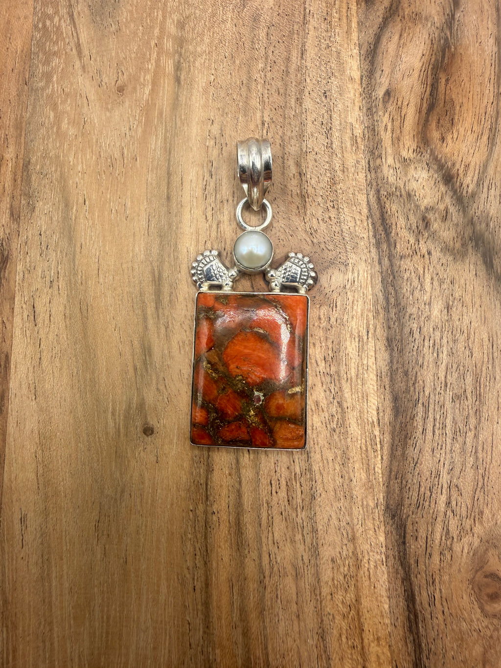 Red Copper Turquoise and Pearl Pendant