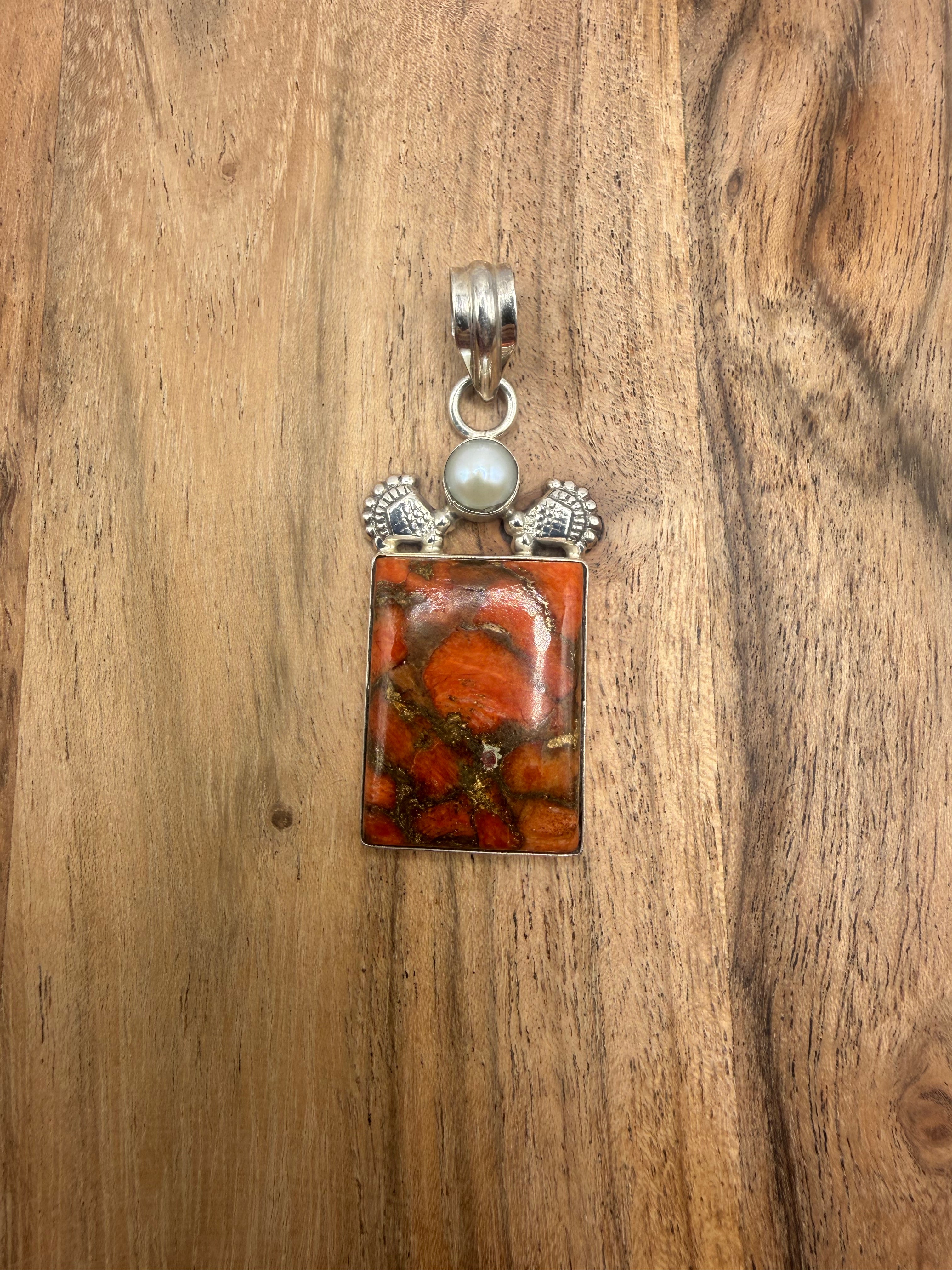 Red Copper Turquoise and Pearl Pendant