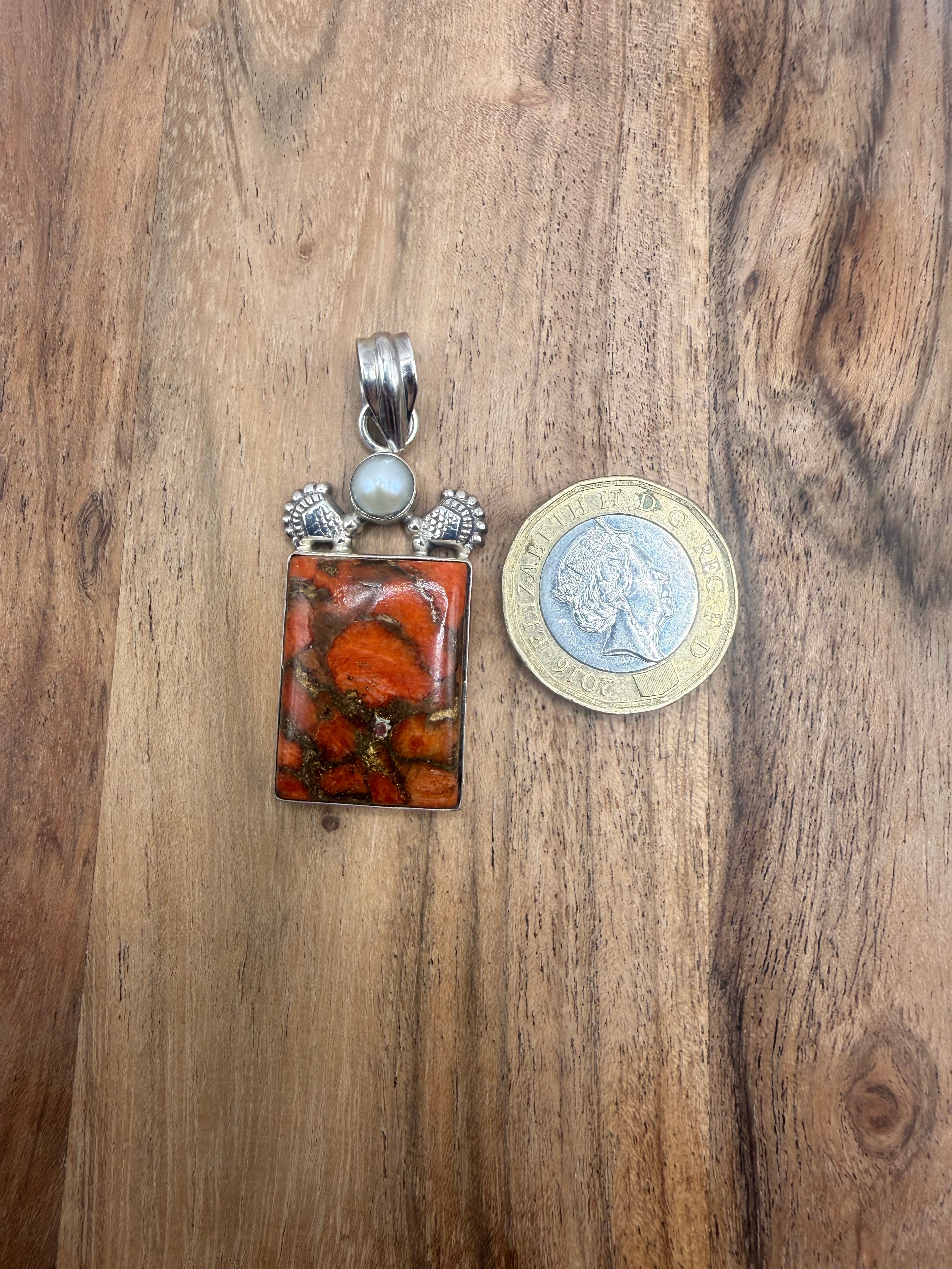 Red Copper Turquoise and Pearl Pendant