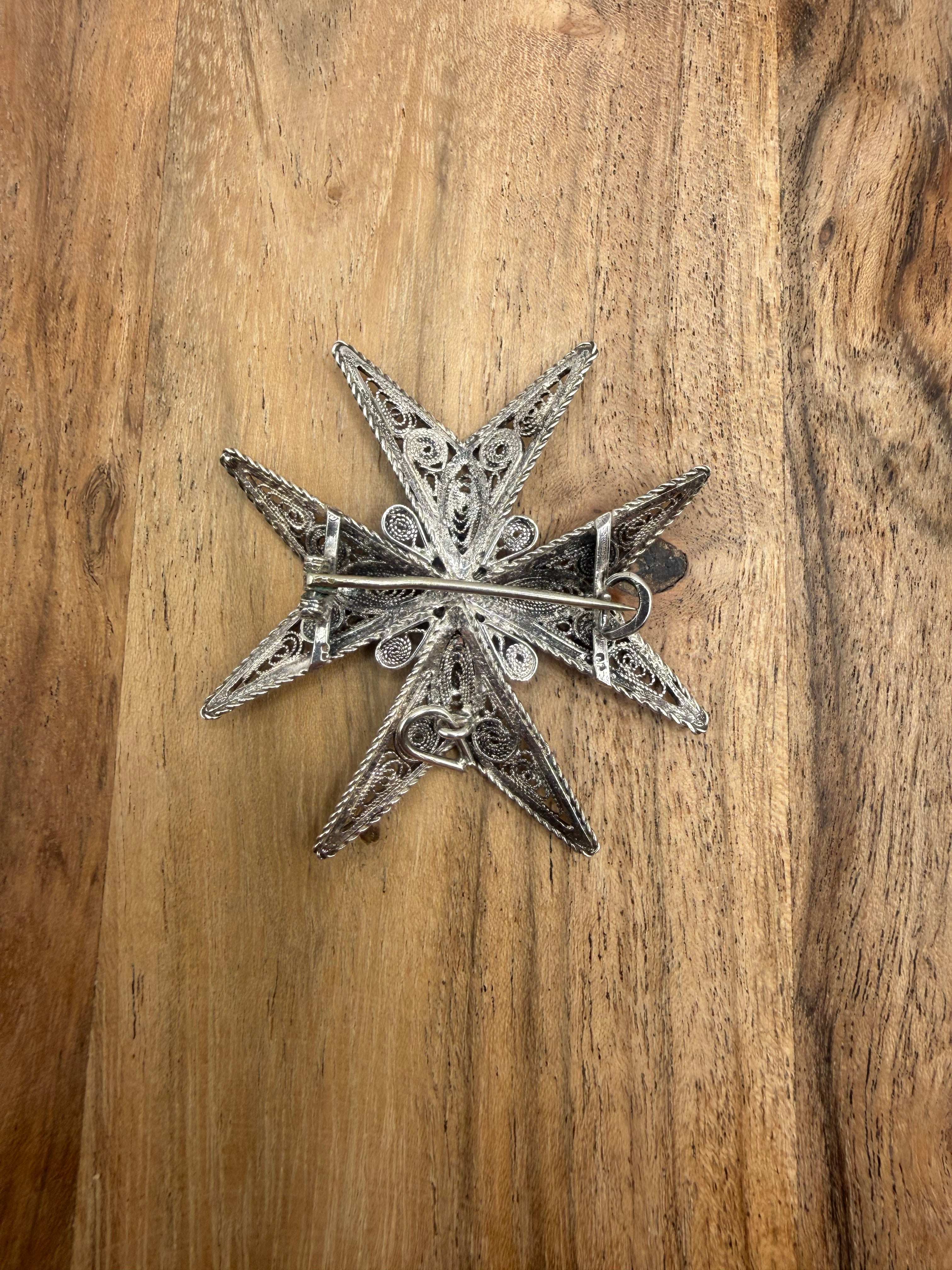 Sterling Silver Filigree Maltese Cross Brooch
