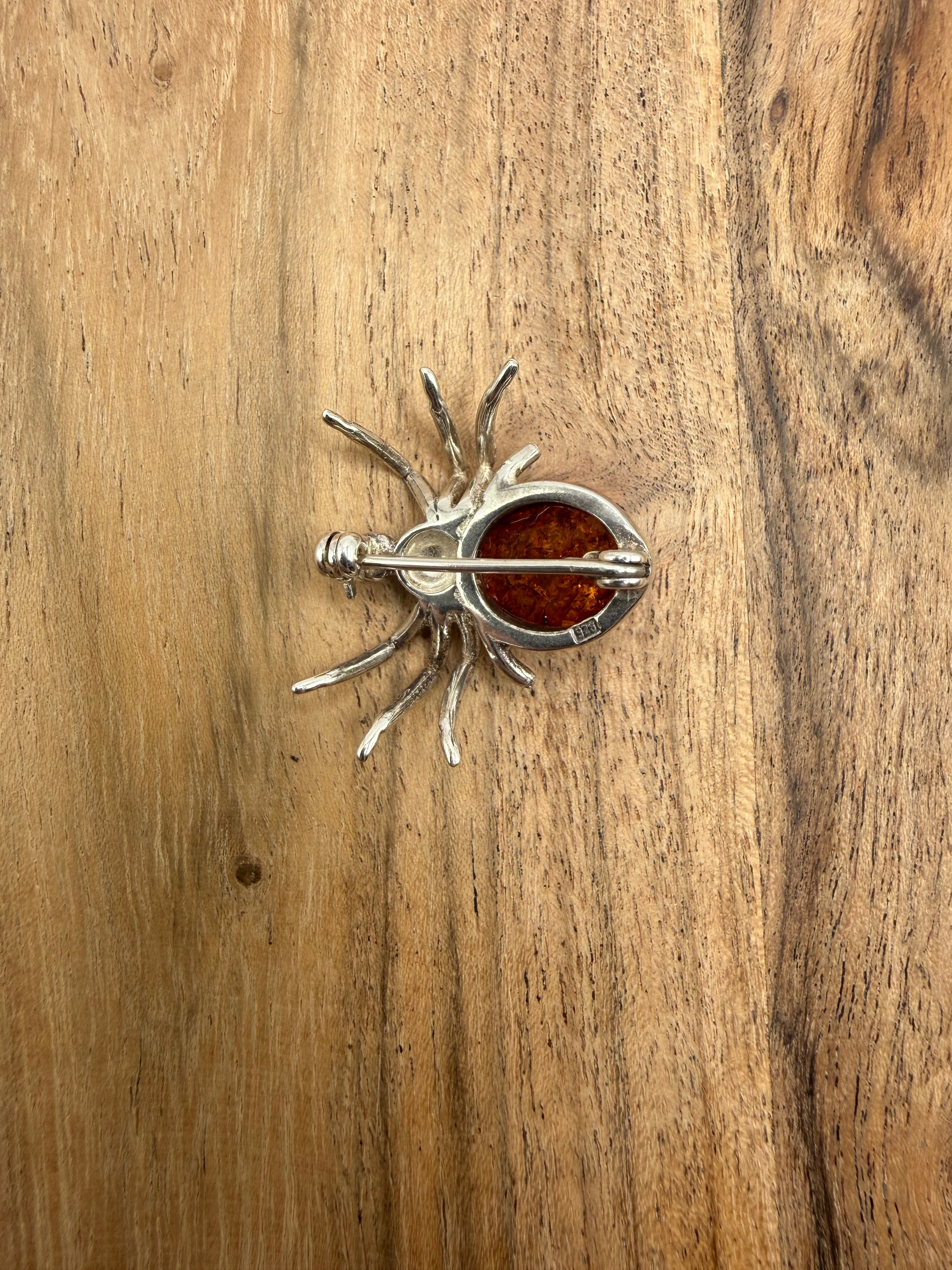 Sterling Silver Amber Spider Brooch