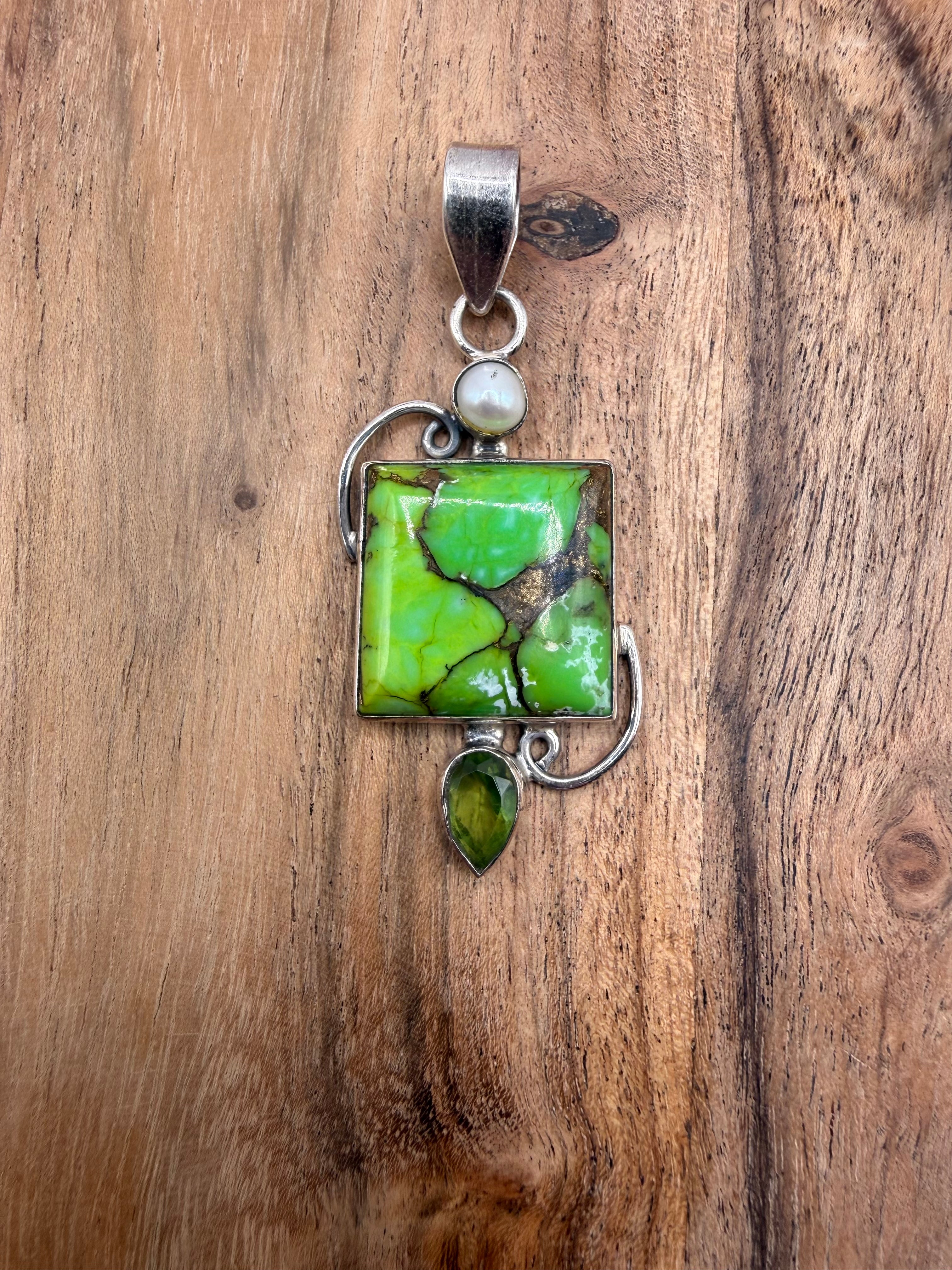 Sterling Silver Green Copper Turquoise, Pearl and Peridot