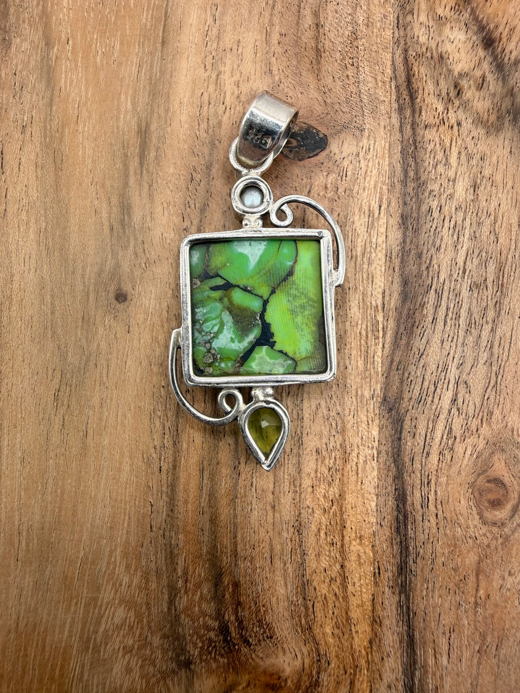 Sterling Silver Green Copper Turquoise, Pearl and Peridot