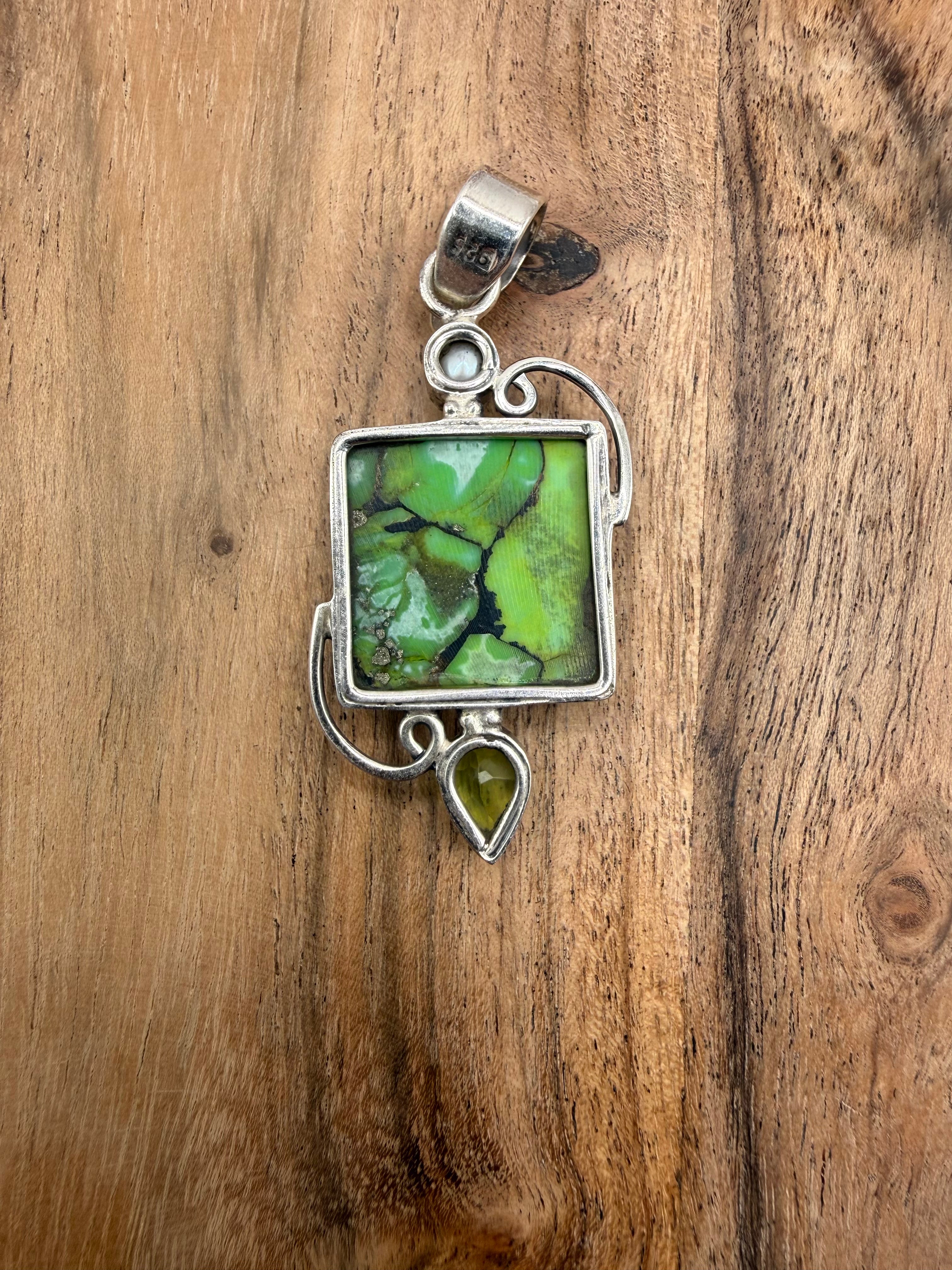 Sterling Silver Green Copper Turquoise, Pearl and Peridot