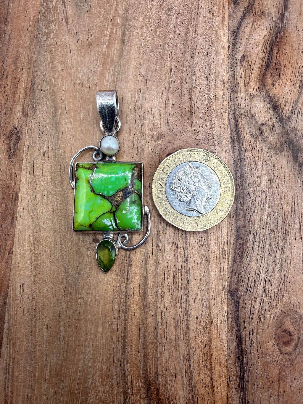 Sterling Silver Green Copper Turquoise, Pearl and Peridot